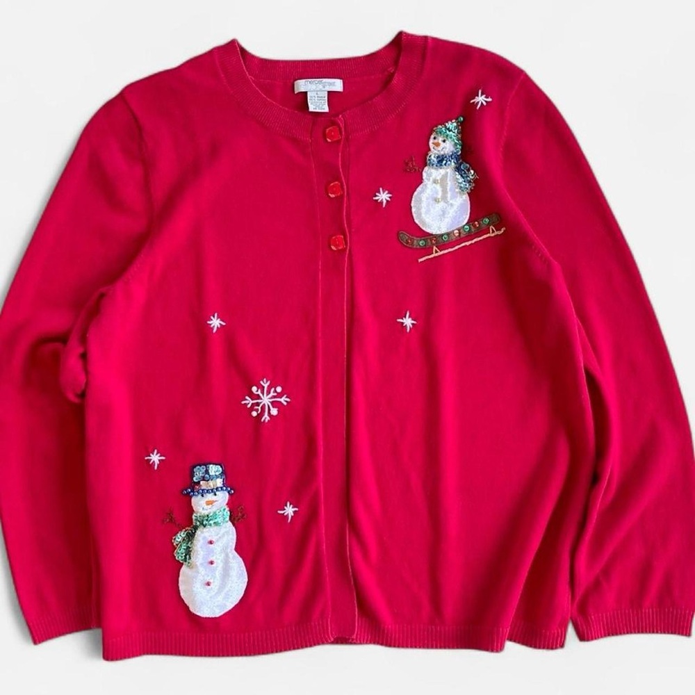 Vintage Mercer Street Studio Red Christmas Snowman Cardigan Sweater L